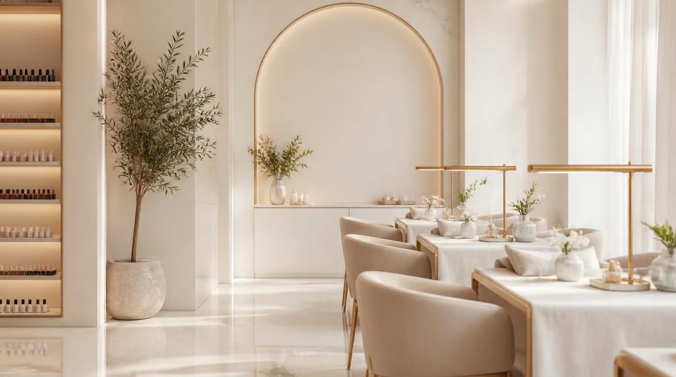 Calm ivory and gold nail salon interior with manicure tables and soft natural light