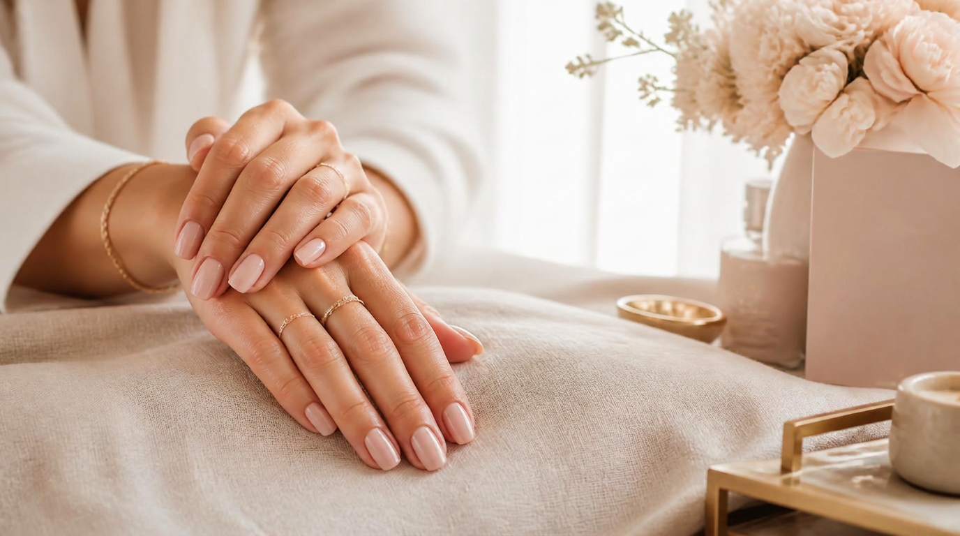 Softly manicured hands resting on cream linen in a calm nail studio